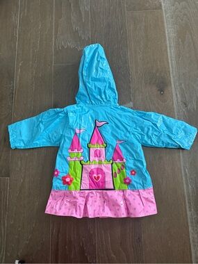 🌸☔️ Girls' Blue & Pink Castle Princess 👸 Hooded Raincoat